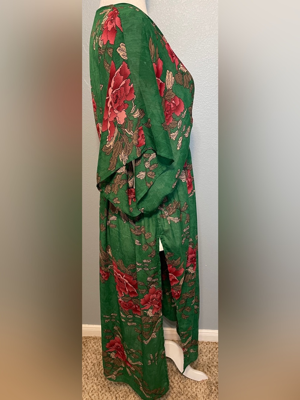 Grace & Lace Floral Kimono Duster Green Maxi Drawstring Boho Cottagecore Small - Picture 4 of 6